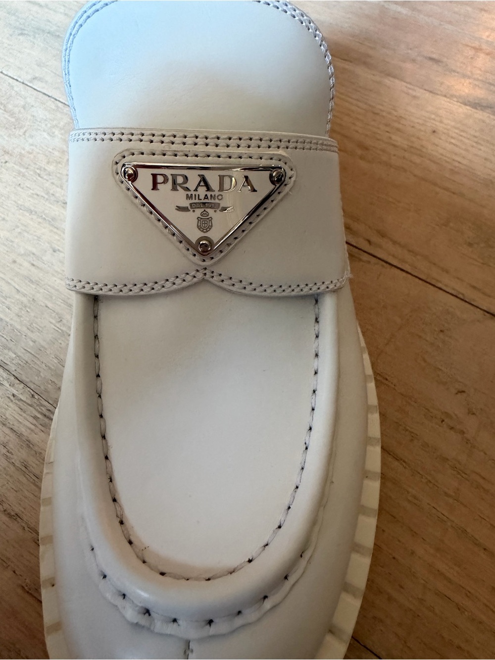 Authentic Prada Triangle White Leather Loafers - Picture 7 of 16